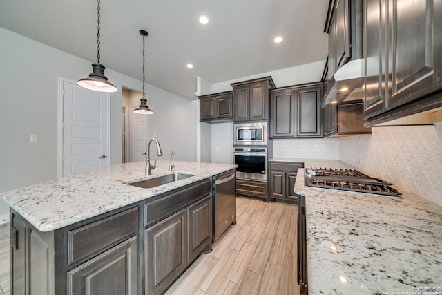 kitchen featuring light stone countertops, wall chimney exhaust hood, stainless steel appliances, sink, and an island with sink