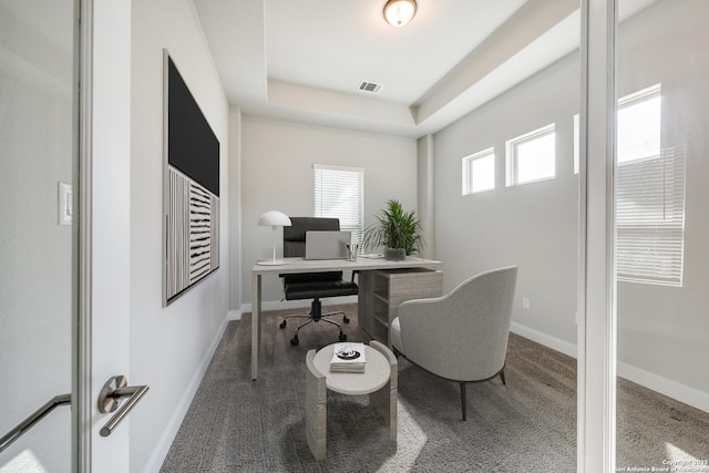 carpeted office featuring a raised ceiling