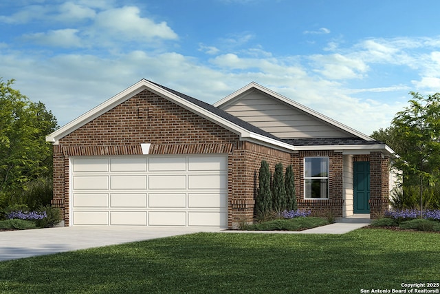 view of front of property featuring a front yard and a garage