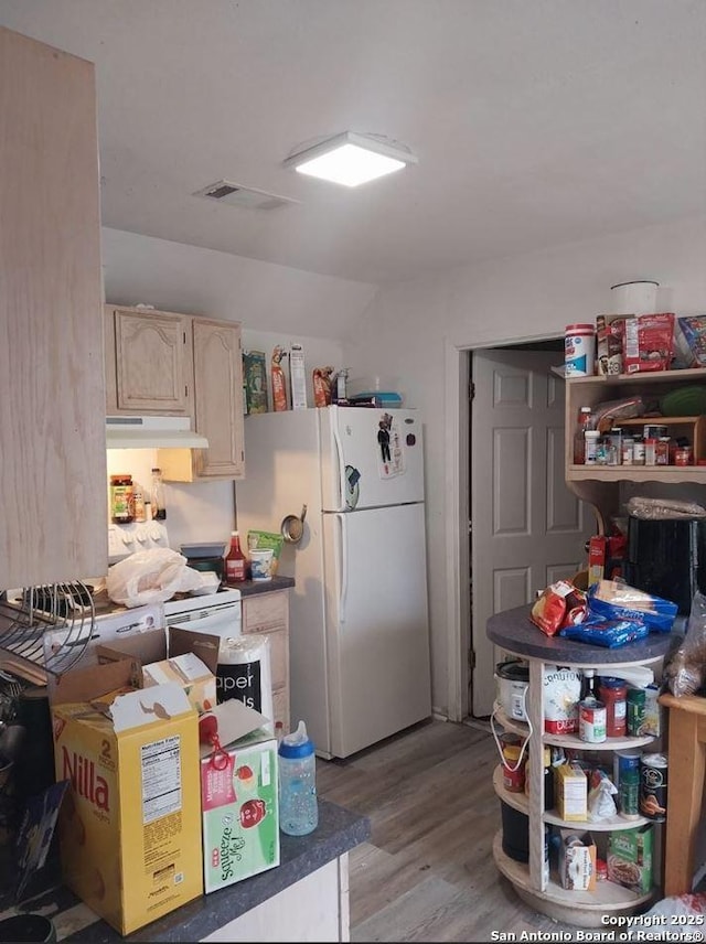 kitchen with white fridge and light hardwood / wood-style floors