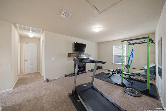 exercise area with a textured ceiling and carpet floors