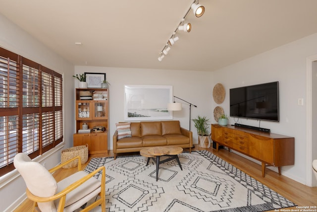 living room with track lighting and light hardwood / wood-style flooring