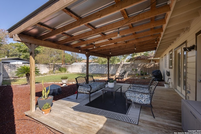 view of patio featuring an outdoor hangout area and a deck