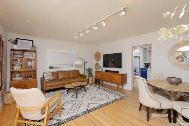 living room with ceiling fan and light hardwood / wood-style floors