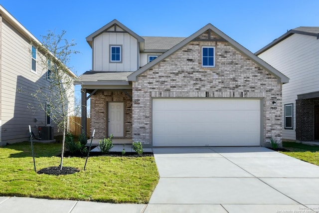 craftsman inspired home with a front yard and central AC unit