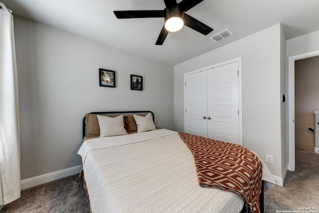 carpeted bedroom featuring ceiling fan and a closet