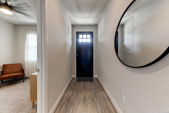 foyer entrance featuring hardwood / wood-style floors and ceiling fan