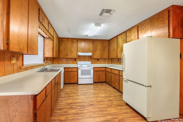 kitchen featuring wood walls, white appliances, sink, light hardwood / wood-style flooring, and a textured ceiling