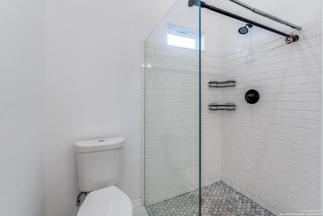 bathroom featuring toilet and a shower with door