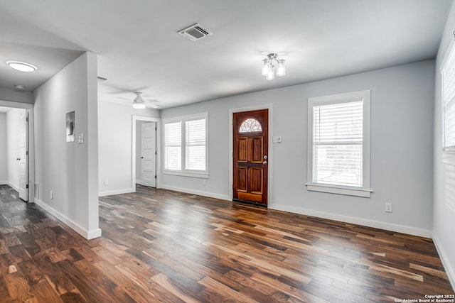 foyer with a wealth of natural light, dark hardwood / wood-style flooring, and ceiling fan