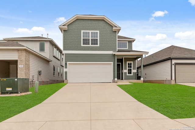 front facade with a garage, a front yard, and central AC