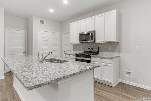 kitchen with appliances with stainless steel finishes, backsplash, a kitchen island with sink, sink, and white cabinetry