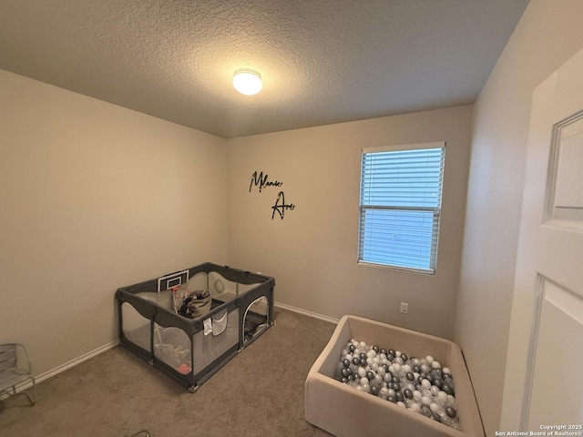 carpeted bedroom with a textured ceiling