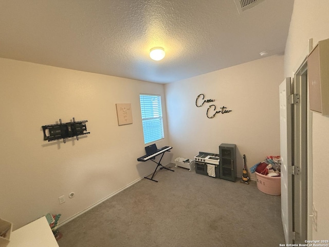 miscellaneous room featuring carpet flooring and a textured ceiling