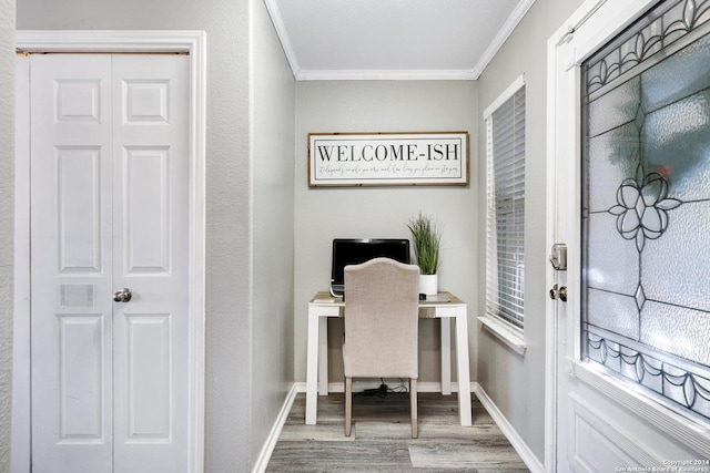 home office with hardwood / wood-style flooring and ornamental molding