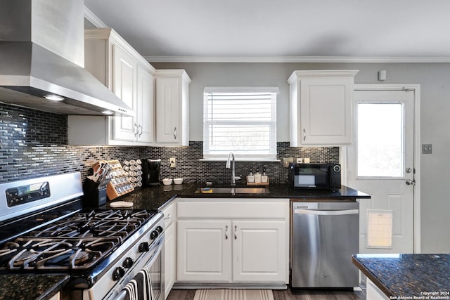 kitchen featuring wall chimney exhaust hood, sink, white cabinetry, and stainless steel appliances