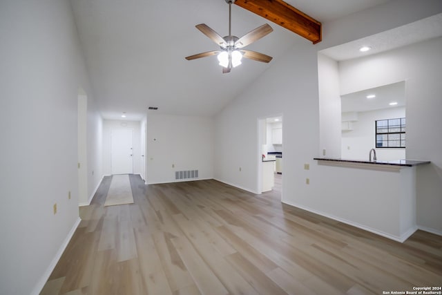 unfurnished living room featuring ceiling fan, beam ceiling, light hardwood / wood-style floors, and high vaulted ceiling