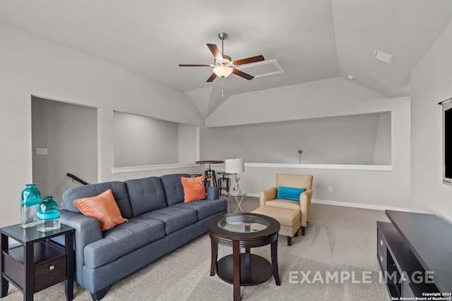 living room with carpet, vaulted ceiling, and ceiling fan