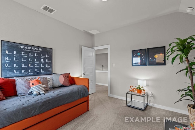 carpeted bedroom featuring vaulted ceiling