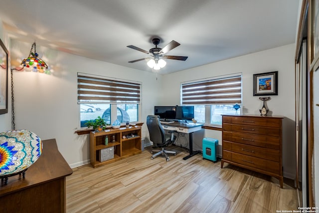 office area featuring ceiling fan and light hardwood / wood-style flooring