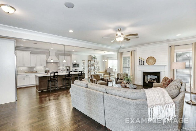 living room featuring ceiling fan, dark hardwood / wood-style floors, and ornamental molding