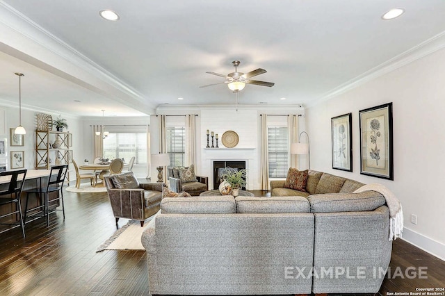 living room with dark hardwood / wood-style floors, ceiling fan, and ornamental molding