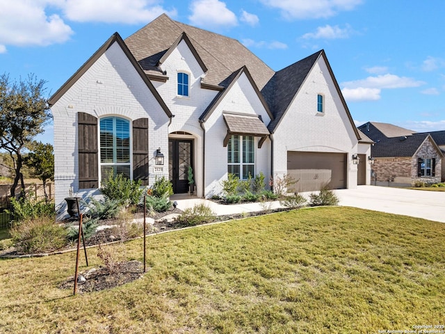 french country inspired facade with a front lawn