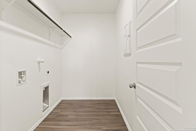 clothes washing area with washer hookup, dark hardwood / wood-style floors, electric dryer hookup, and hookup for a gas dryer