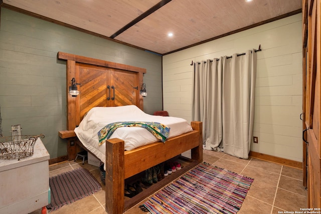 tiled bedroom featuring wooden ceiling