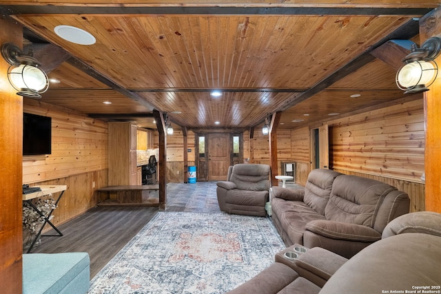 living room featuring wooden walls, dark hardwood / wood-style flooring, beamed ceiling, and wooden ceiling