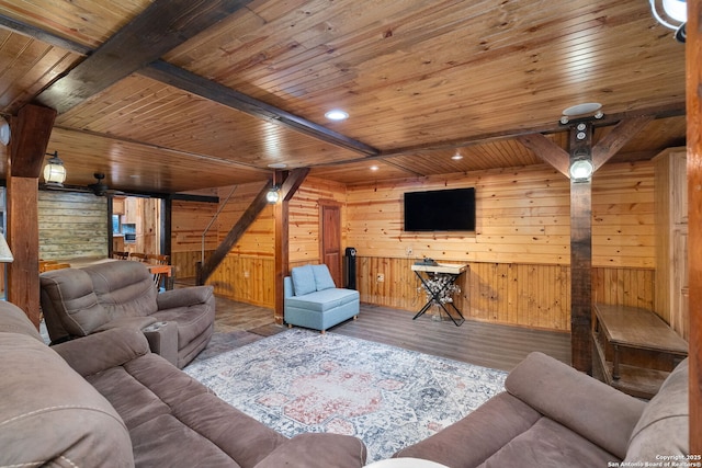 living room featuring beamed ceiling, wooden ceiling, and wood walls