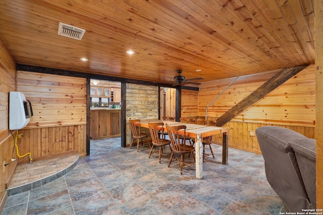 dining space with wooden walls, ceiling fan, and wood ceiling