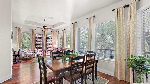 dining room featuring ceiling fan, a raised ceiling, and dark wood-type flooring