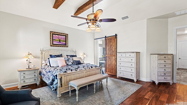 bedroom featuring beam ceiling, a barn door, ceiling fan, and dark hardwood / wood-style floors