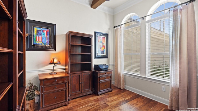 office area with dark hardwood / wood-style flooring and crown molding