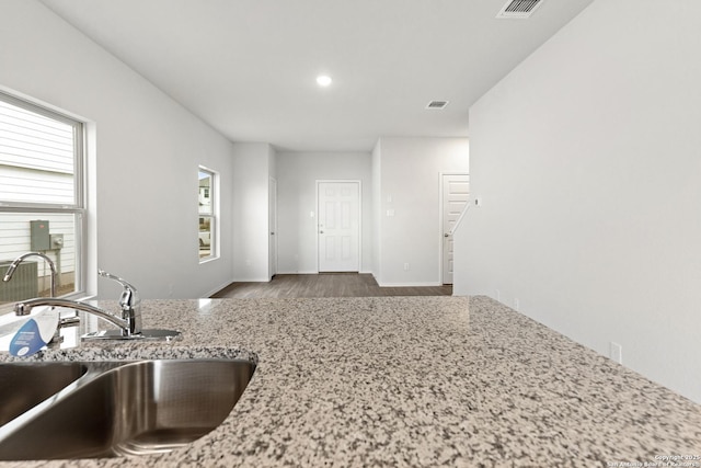 kitchen with hardwood / wood-style flooring, a healthy amount of sunlight, light stone counters, and sink