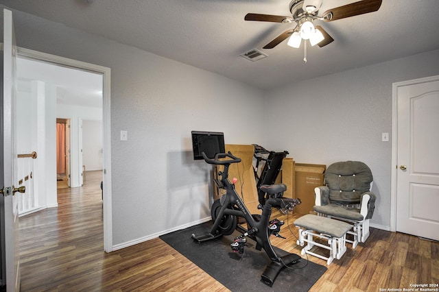 exercise room with a textured ceiling, ceiling fan, and dark wood-type flooring