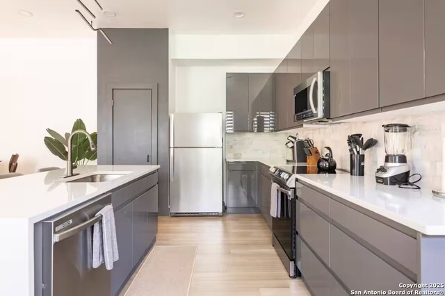 kitchen with decorative backsplash, an island with sink, stainless steel appliances, and sink