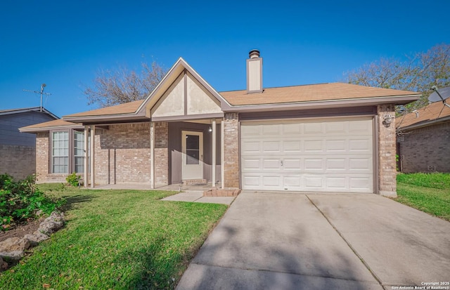 ranch-style home with a garage and a front lawn