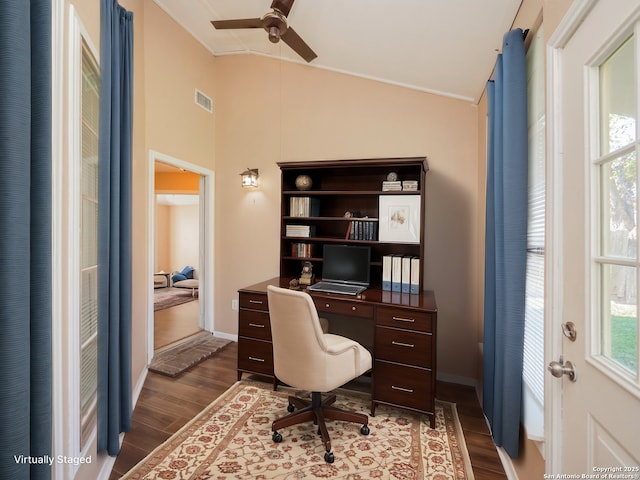 office space with ornamental molding, dark hardwood / wood-style flooring, ceiling fan, and lofted ceiling