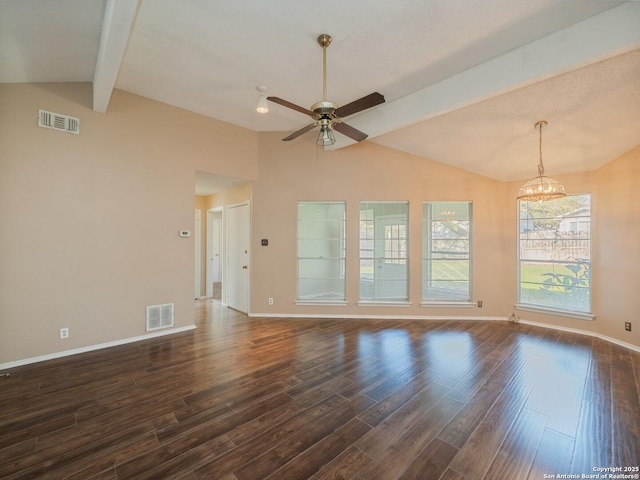 spare room with dark hardwood / wood-style flooring, lofted ceiling with beams, and ceiling fan with notable chandelier