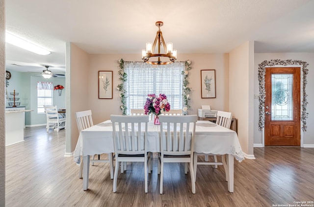 dining room featuring wood-type flooring and ceiling fan with notable chandelier