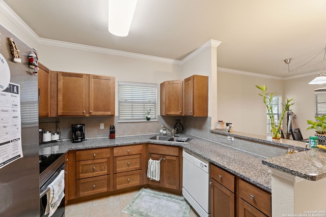 kitchen featuring dishwasher, crown molding, sink, light tile patterned floors, and kitchen peninsula