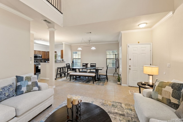 tiled living room with crown molding