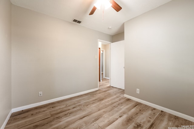 empty room featuring ceiling fan and light hardwood / wood-style flooring