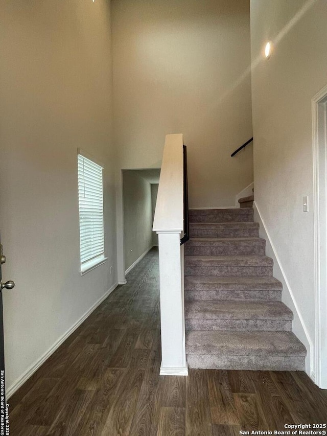 stairs featuring hardwood / wood-style floors and a high ceiling