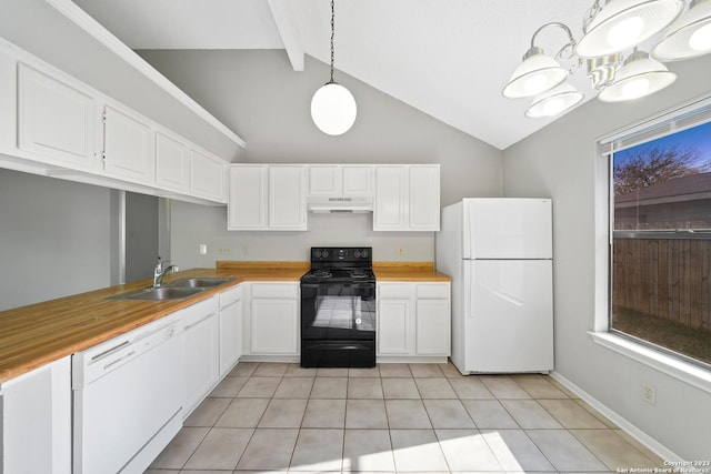 kitchen with white appliances, sink, vaulted ceiling with beams, white cabinetry, and hanging light fixtures