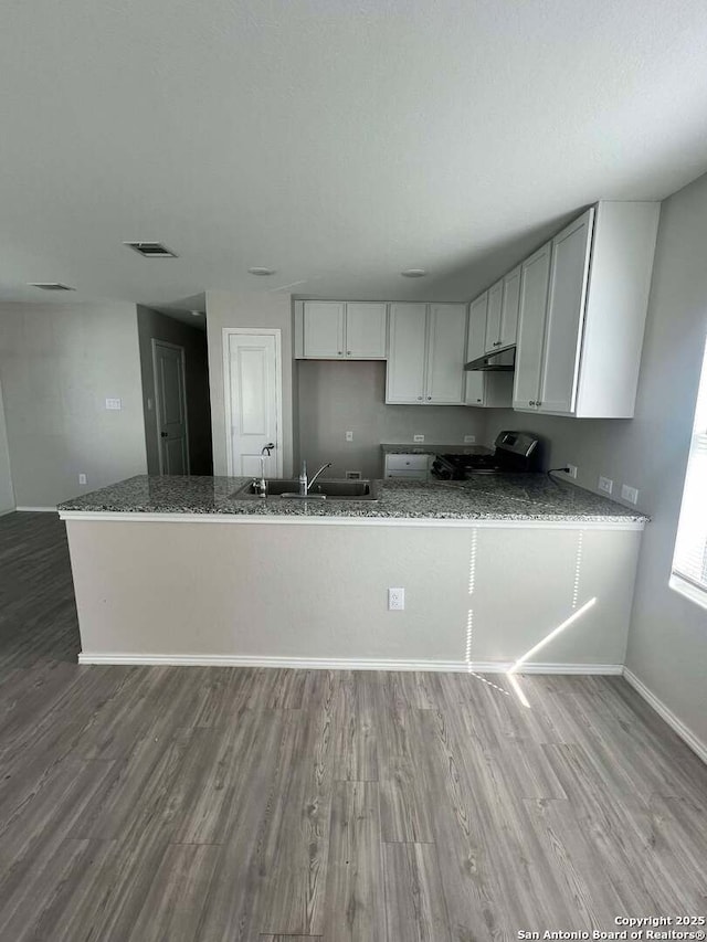 kitchen featuring stone counters, stainless steel range, sink, kitchen peninsula, and white cabinets