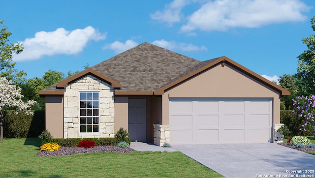 view of front facade featuring a garage, driveway, a front lawn, and stucco siding