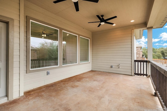 view of patio featuring ceiling fan